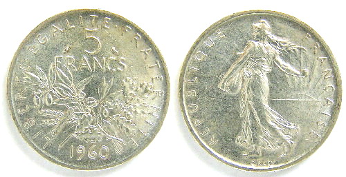 Monnaies de la 5ième République, la semeuse de Roty